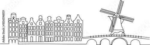 Single one line drawing Amsterdam, Netherlands. City concept. Continuous line draw design. one line Icon drawing