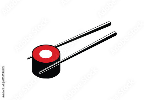 Isometric illustration of a single piece of sushi being held by chopsticks