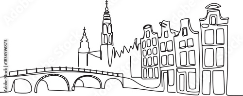 Single one line drawing Amsterdam, Netherlands. City concept. Continuous line draw design. one line Icon drawing