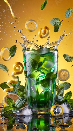 Vibrant green cocktail splashes with fresh mint and lemon zest against a golden background