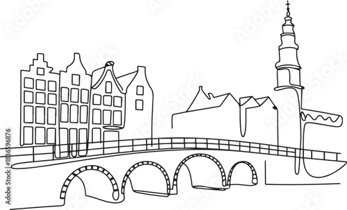 Single one line drawing Amsterdam, Netherlands. City concept. Continuous line draw design. one line Icon drawing