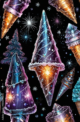 Colorful ice cream cones and trees design with sparkling elements on a black background