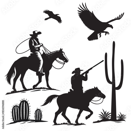 Vector illustration silhouette vector illustration of cowboys on horseback with eagles and saguaro cactus in the desert