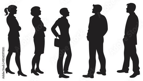 Vector illustration silhouette of five business people standing and interacting in a group