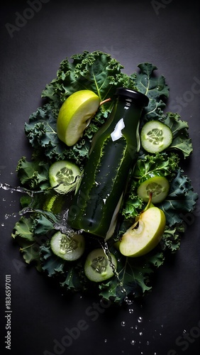 Stunning dark aesthetic green juice bottle splashes with fresh kale, cucumber, and apple slices
