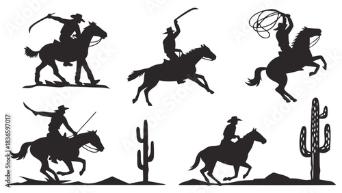 Vector illustration silhouette collection of cowboys riding horses with lassos and whips in a desert scene with cactus plants