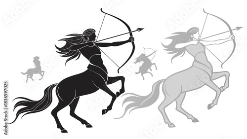 Vector illustration stylized silhouette of a female centaur archer drawing a bow