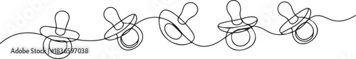 continuous line of baby pacifiers.one line drawing of baby pacifiers isolated. one line Icon drawing