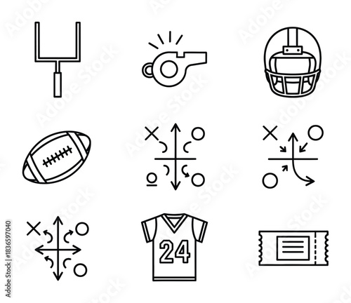 Collection of black and white line art icons related to american football isolated on