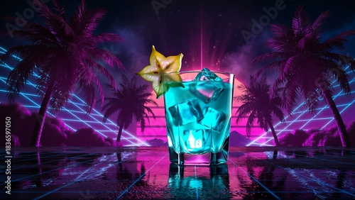 Stunning neon cocktail glows against a vibrant retro vaporwave sunset with palm trees and grid