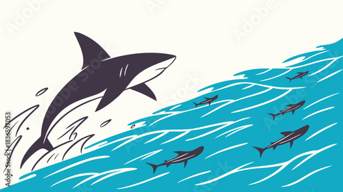 Vector illustration stylized illustration of a large shark leaping from blue ocean waves towards a school of smaller fish in a dynamic scene