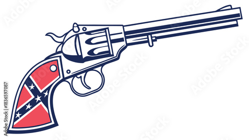 Vector illustration line art illustration of a revolver with a handle featuring the confederate battle flag design