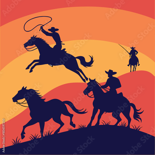 Vector illustration silhouette of cowboys riding horses during a sunset or sunrise in a western landscape scene with one roping