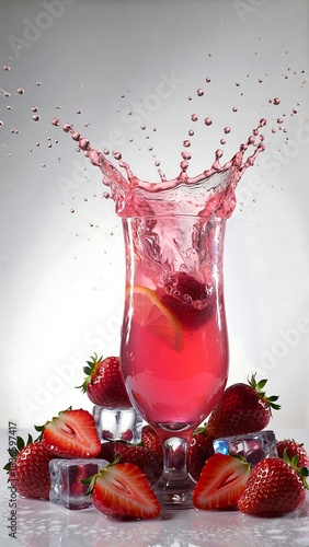 Stunning strawberry cocktail splash with fresh fruit and ice cubes creating a vibrant, refreshing summer beverage moment