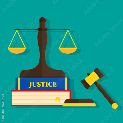 Law and justice concept illustration. Books with gavel and scales. Vector illustration.