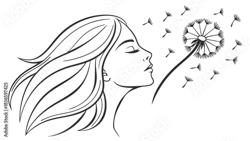 Vector illustration black and white line art drawing of a woman with flowing hair blowing seeds from a dandelion