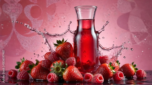 Stunning splash of fresh strawberries and raspberries surrounding a vibrant red berry drink pitcher