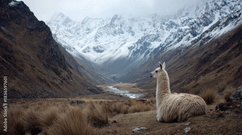 Obraz premium Llama Sits on a Mountain Slope in the Andean Region of Peru, Representing Patience and Humility in Local Culture