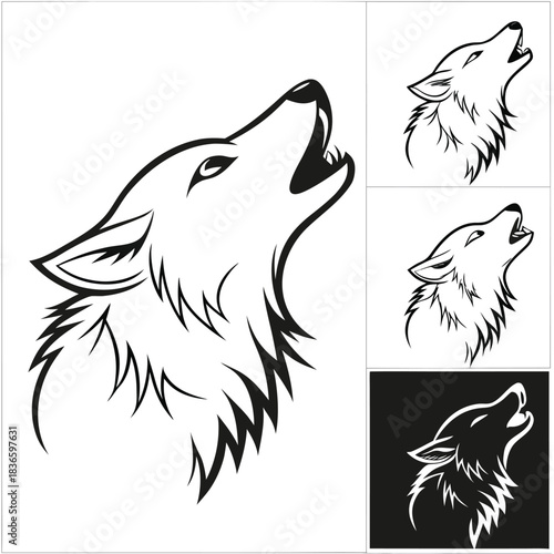 Vector illustration stylized black and white line art illustration of a howling wolf head