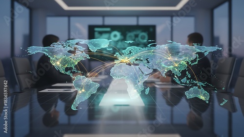Global business connections visualized on a modern conference room table