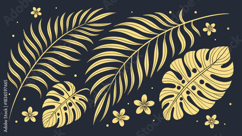 Vector illustration elegant golden tropical palm and monstera leaves with small flowers pattern on dark background illustration
