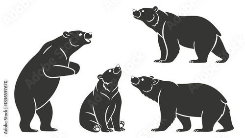 Vector illustration set of four black bear silhouettes in various poses, including standing, sitting, and looking up