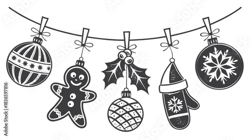 Vector illustration black and white illustration of various christmas ornaments and holiday symbols hanging from a string with clothespins