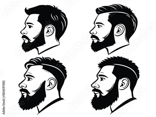 Vector illustration collection of four stylized male head profiles showing various modern beard and haircut styles