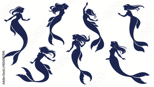 Vector illustration collection of seven dark blue mermaid silhouettes in various graceful poses