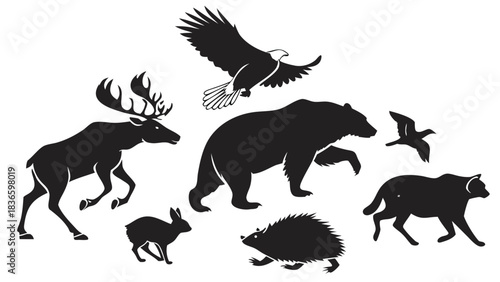 Vector illustration collection of black silhouette icons depicting various wild north american animals like a moose, bear, eagle, and smaller creatures