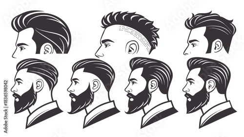 Vector illustration collection of male hairstyle and beard style illustrations showing various modern cuts and facial hair designs