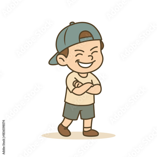 Laughing Boy with Arms Crossed and Backwards Cap cartoon illustration, Vector illustration in flat style.	