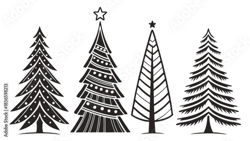 Vector illustration four stylized black and white christmas tree silhouettes with star toppers
