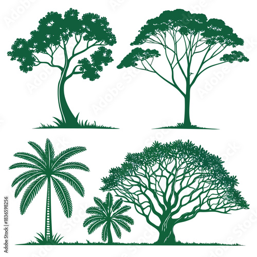 Vector illustration collection of four distinct green tree silhouettes including tropical palm and broad canopy shapes