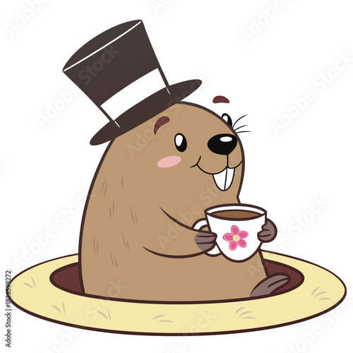 Vector illustration cute cartoon groundhog wearing a top hat and holding a teacup