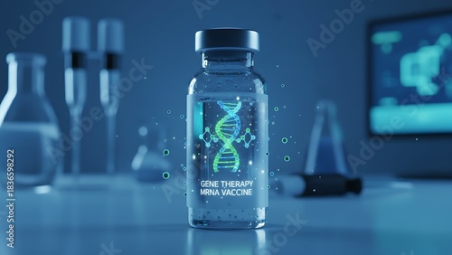 Gene therapy vial with dna helix symbol on blue lab background