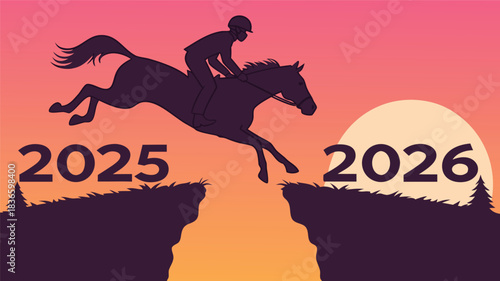 Vector illustration silhouette of a jockey on a horse jumping a gap between 2025 and 2026 cliffs at sunset