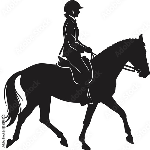 Vector illustration silhouette of a rider in formal attire on a horse performing a dressage movement