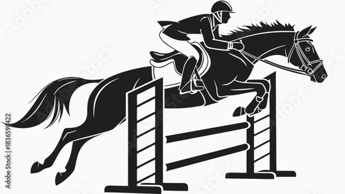 Vector illustration black silhouette of a horse and rider elegantly jumping over an obstacle