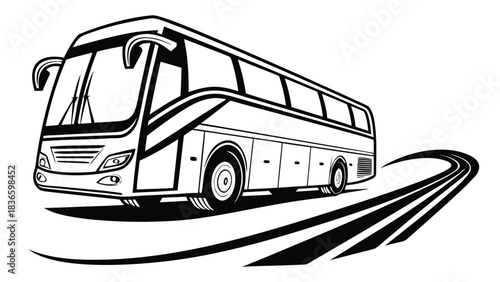 Vector illustration black and white line art illustration of a modern passenger coach bus driving on a curved road