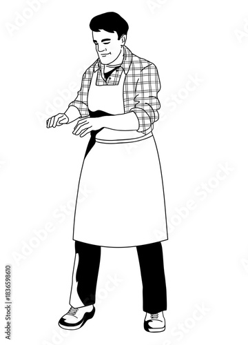 Man Vendor wearing apron on white background hand-drawn vector illustration