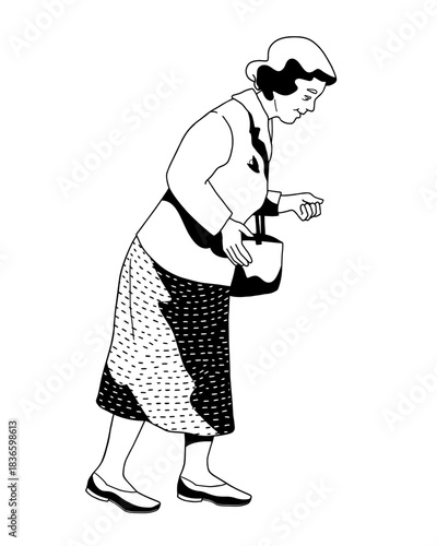 Senior women working with bag on white background hand-drawn vector illustration