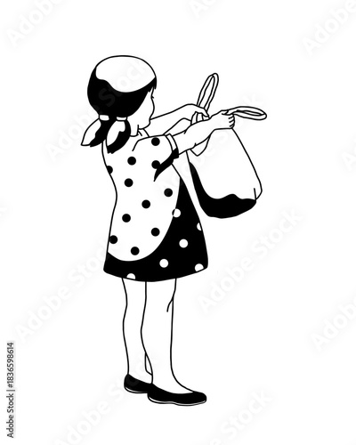 standing small girl with reusable shopping bag on white background hand-drawn vector illustration