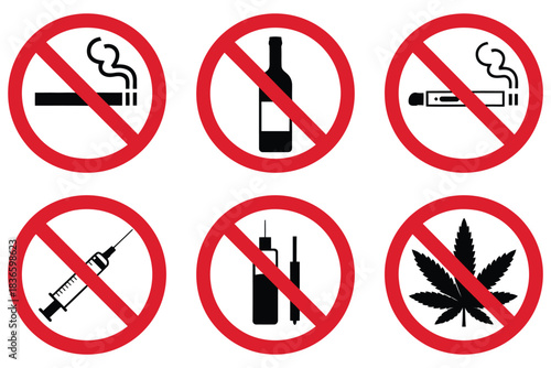 No Smoking, No Vaping, No Hemp, No Drugs, No Alcohol Sign, Vector Illustration, Printable Prohibition Poster and Template, Workplace and Public Area Safety Awareness
