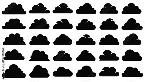 Collection of various black cumulus cloud silhouette icons isolated on