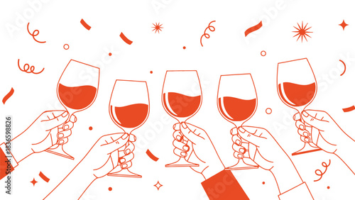 Five hands toasting with red wine glasses isolated on