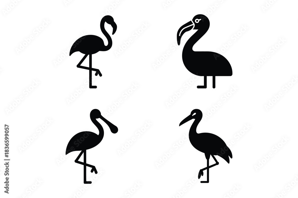 Obraz premium Four silhouette illustrations of exotic birds on white background