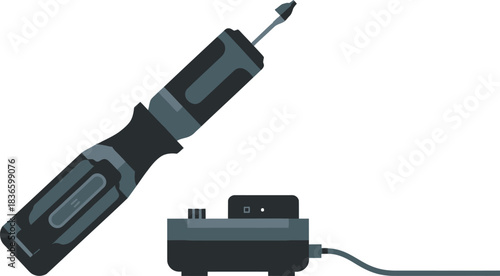 Adjustable Screwdriver with Black and Gray Handle with Charger on Checkered Background in Flat Style Vector Illustration