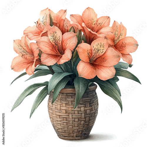 Alstroemeria Bouquet In A Basket, watercolor painting capturing graceful lines and soft blended shades, isolated on a white background.
