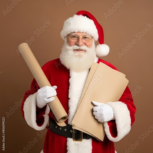 Jolly Santa Claus Holding Wish Lists and a Scroll on Brown Background